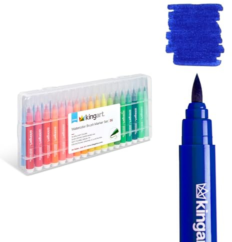 KINGART Brush Tip Watercolor Illustration Markers with Case, 36 Colors, Wide Barrel for Easy Hold, Water-based Non-Toxic Ink, Soft Flexible Tip for Graphic, Sketch, Comic Art, Manga & Lettering