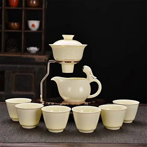 Mozeo Service à thé Lazy Kung Fu en céramique avec filtre semi-automatique magnétique et tasse pour bureau, cadeau de pendaison de crémaillère (beige)