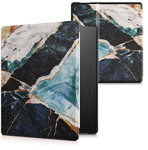 kwmobile Klapphülle kompatibel mit Amazon Kindle Oasis 10. Generation Hülle - eReader Case - Marmor Gold Weiß Blau