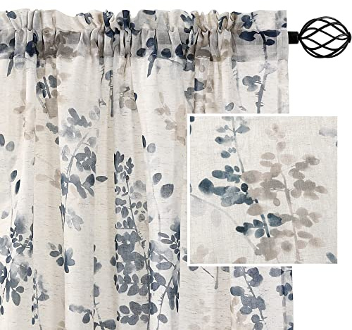 H.VERSAILTEX Linen Sheer Curtains for Living Room Curtains 63 Inches Long Light Filtering Rod Pocket Window Sheer Linen Curtains for Bedroom, 2 Panels, Classical Floral Printing Bluestone and Taupe