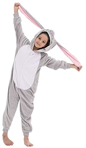 LOBUJOU Kids Onesie Costume for Boys Girls Halloween Animal Cosplay One Piece Flannel Hooded Gray Rabbit L
