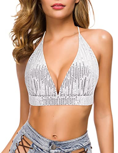 Naimo Damen Pailletten Crop Top Neckholder V-Ausschnitt Cami Criss Cross Rückenfrei Tank Top Bralette Weste Party Rave Oberteil