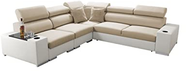 All4All Ecksofa mit Schlaffunktion Seo III - Schlafsofa mit Bettkasten - Sofa L-Form 282x282 cm - Eckcouch - Gewebe mit Kunstleder - verstellbare Kopfstützen - Linke Seite - Beige/Weiß - Modern 26