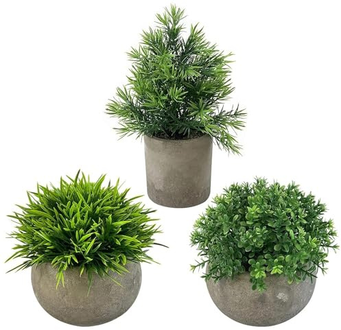 CHEVVY 3 STK Pflanzen Künstlich in Töpfen 21CM und 12CM Künstliches Topfset | Kunststoff Fälschung Grünes Gras mit Grauem Topf Mini-Pflanzen Schreibtisch Deko Pflanzen
