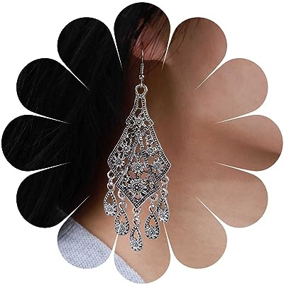 Aneneiceera Vintage Filigrana Tribal Pendientes De Plata con Borla y Flecos, Hueco De Cadena Larga, Joyería Gitana Declaración Para Mujeres y Niñas Adolescentes
