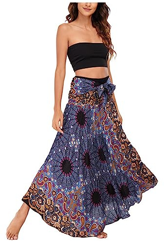 Jupe longue style ethnique pour femme - Style bohème - Jupe longue asymétrique - Dos nu - Robe deux voies à porter - Douce et fine - Cool et respirante - Motif cachemire marron et bleu, Motif