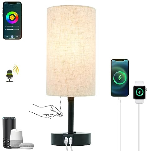 Eytueo Smart Table Lamp Work with HomeKit, Siri, Alexa, Google Assistant, Smart Beside Nightstand Lamp with AC Outlet & USB A+C Charging Ports, Ambiance Color Changing Bed Table Lamp for Bedroom