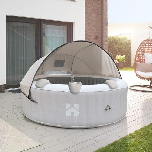 Home Deluxe - Outdoor Whirlpool - Splash + Kissen, Getränkehalter und Sonnendach - Farbe: Beton- ⌀ 208 cm, 130 Luftdüsen - inkl. Abdeckung, Reparaturset, Filterset I Außen Spa für 6 Personen