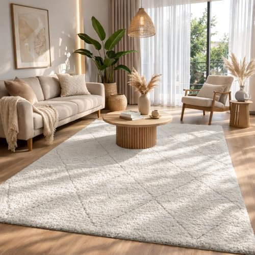 the carpet Bahar Shaggy - Alfombra de diseño Elegante para Sala de Estar, Alfombra de Pelo Largo Suave y fácil de cuidar para el salón, Crema, 240 x 340 cm