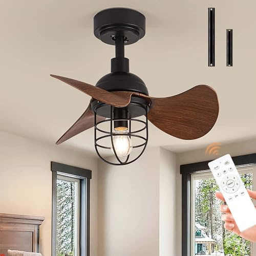 22 Farmhouse Ceiling Fans with Lights Retro, 6 Speeds Caged Indoor Vintage Small Fan Lights Ceiling with Remote Control, Timer, Reversible DC, 3 Wood Effect Blades for Bedroom(E27 Bulb Not Included)