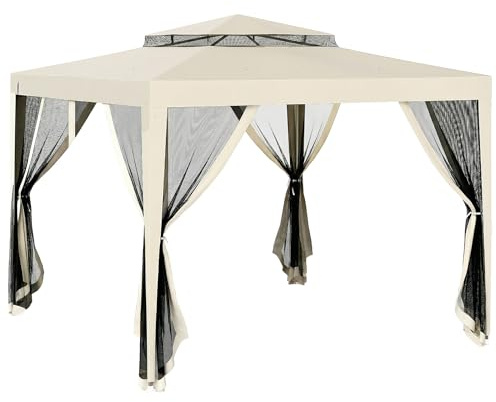 Outsunny Gazebo da Giardino 3x3 con Zanzariere Laterali, Doppio Tetto e 8 Fori di Drenaggio, Gazebo da Esterno in Metallo e Poliestere, per Giardino, Feste, Campeggio, Beige