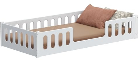CADANI Monte 90x200 Weiß Bodenbett - Rausfallschutz abnehmbar, bis 200 kg | Montessori Kinderbett, robuster Roll-Lattenrost, abgerundete Kanten, hochwertige Fertigung in der EU für langlebige Qualität