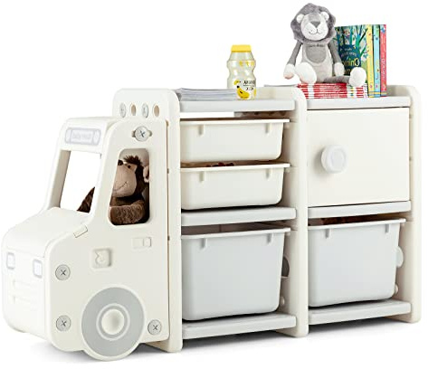 DREAMADE Autoförmiges Kinderregal mit 4 Aufbewahrungboxen & 1 Schrank, Kinderzimmerregal Kinder Bücherregal, Spielzeugregal für Kinderzimmer Wohnzimmer, 110 x 32 x 66 cm (Grau)