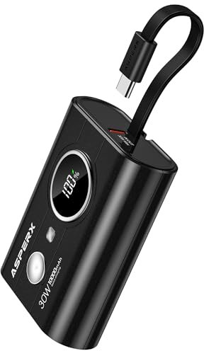 AsperX 30W Power Bank Fast Charging, 10,000mAh High-Speed Portable Charger with Built-In USB-C Cable, Battery Pack for iPhone 15/14 Series, Galaxy, Samsung, iPad, AirPods and More, Black
