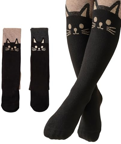 Silkglory Collants Filles,2 Pièces Collants Bébé avec Décoration Mignonne de Chaton Bicolore,Leggings Bas sans Couture Collants en Coton Nouveau-né Marron/Noir/Almond 7-9 Ans