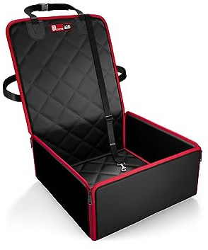 Dog Car Seat and Booster - 2-in-1 Travel Bed & Waterproof Cover for Small and Medium Dogs, Padded with Safety Belt and Nonslip Base (Black/Red)