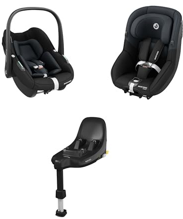 Maxi-Cosi S-Family Bundle, Includes 2 R129 Car Seats + Isofix Base - FamilyFix S ISOFIX Base, Pebble S Baby Car Seat, Pearl S Toddler Car Seat, 0–4 Years, 0–18kg, 40–105cm, Click & Go, Tonal Graphite