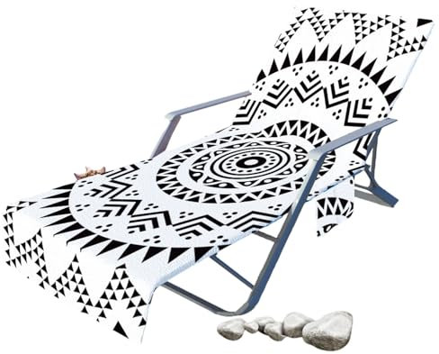 Treer Beach Chair Cover Towel, Microfiber Beach Towel 3D Mandala Beach Sunbed Towels, Portable Sun Lounger Towels with Pockets, Towel for Beach Garden Vacation (Black White,210x75cm)