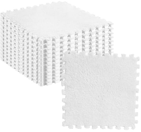 10pcs Plush Puzzle Floor Foam Mat Tiles Fluffy Cuttable Anti Slip Interlocking Carpet Tiles (White)