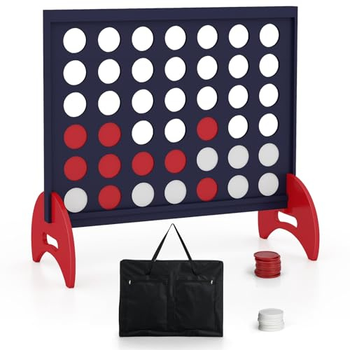 COSTWAY Giant 4-in-a-row Game Set, Wooden Jumbo 4 to Score with 42Pcs Chips, Fabric Carrying Bag, Indoor Outdoor Line-up-4 Game for Kids Adults (Navy)