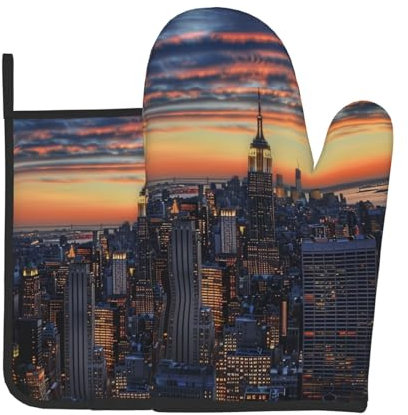 New York City bedruckte Ofenhandschuhe und Topflappen, Set 2 Stück, hitzebeständige Ofenhandschuhe und Topflappen, Sets für Küche, Chef, Grillen, Kochen, Backen, Grillen