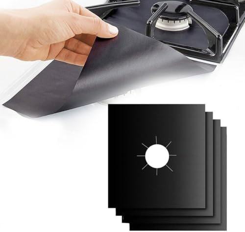 SGERUFZ 4 Piezas Protectoras para Hornillos, Quemador, Estufa, Cubre Encimera, Tapa para Horno, Almohadilla de Limpieza de Estufa (27 x 27 cm) (Negro)
