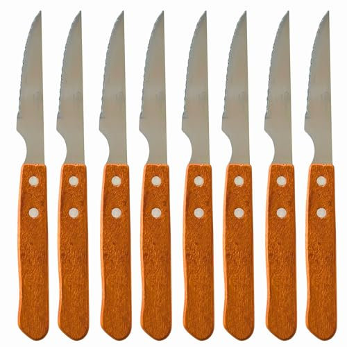 Pack 8 Cuchillos Chuleteros con Mango de Madera | Especial para Carne, BBQ | Dientes de Sierra en Acero Inoxidable | Calidad Extra España | Juego de cuchillos de cocina de mesa, camping, trabajo