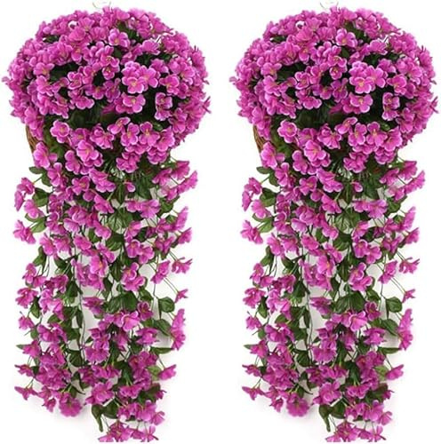 2 Stück Hängenden Künstlich Veilchen,Künstliche Blumen Veilchen Girlande Kranz, Simulation Silk Blume Rattan für Ihr Zuhause, Hochzeiten, Garten, Zur Dekoration (Fuchsie)