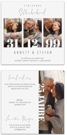 Individuelle Silberhochzeit Einladungen mit 4 Ihrer Bilder und eigenen Texten, Hochzeitseinladungen im Foto Meilenstein Motiv, Quadrat 148x148mm, 300g/qm Kartonpapier