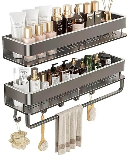 FOLAI 30cm 2 Stück Duschablage ohne Bohren ，rostfreie Badezimmer Organizer, schnell trocknende Badregal ohne Bohren mit großer Kapazität, langlebige Shampoo Halterung für Dusche（grau）