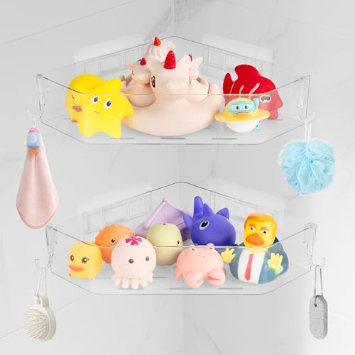 MUMUQ 2 Stück Duschablage Ohne Bohren Ecke Badewannenspielzeug Aufbewahrung | Acrylic Shower Caddy Duschregal Badezimmer Organizer mit Ablauföffnungen Badespielzeug Badregal Duschkorb Shampoo Halterung