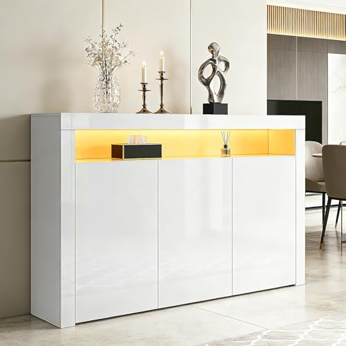 BESTWANTED Sideboard Hochglanz 3 Türen Sideboard Schrank Aufbewahrungsschrank mit LED-Leuchten Moderne Wohnzimmer Schlafzimmer Möbel (Weiß)