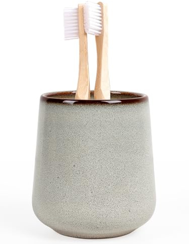 Autumnlife Toothbrush Holder Ceramic, 12 oz Reusable Mouthwash Cup Bathroom Toothbrush Cup, White Brown Reactive Glaze Toothbrush Holders for Toothbrush and Toothpaste