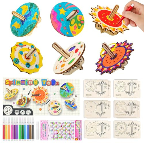 JurciCat 12 Stück Holzkreisel Bastelset Kinder Zum Bemalen und Basteln Für Mitgebsel Kindergeburtstag Farbige Stifte Glitzersticker Für DIY Kinder Malen Dekoration