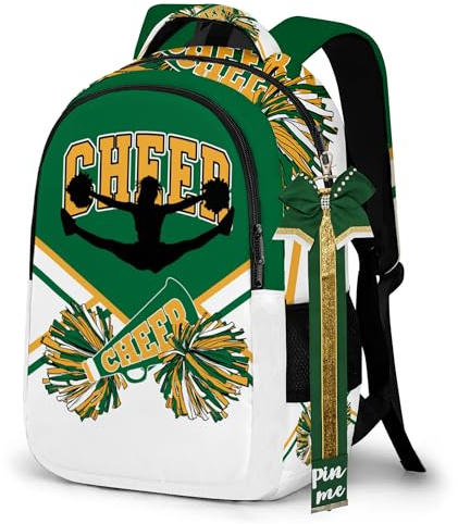 Cheer Rucksack mit Glitzer Cheerleader Schlüsselanhänger, Cheer Pin Strap für Rucksack, Cheerleading Geschenke für Team Frauen, Goldgrün