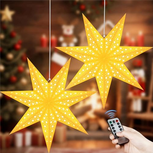 Weihnachtsdeko - LED Weihnachtsstern Beleuchtet zum Aufhängen,2 Stück Papierstern Beleuchtet 8 Leuchtmodi,3D Leuchtend Stern Weihnachten Fenster mit Fernbedienung,Papierstern für Weihnachts Deko Innen