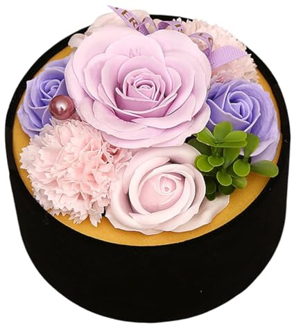 XJJAUGKLY Ramo de flores de jabón con caja redonda, rosas hechas a mano de jabón, flores de cumpleaños, Navidad, día de San Valentín, día del maestro, cumpleaños, aniversario, regalo para ella (morado