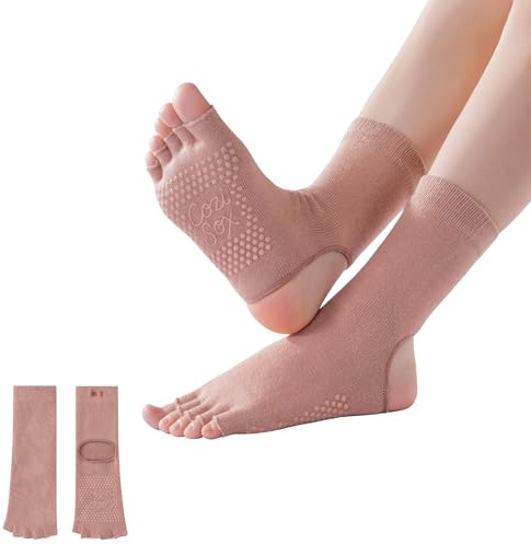 CoziSox Halkfria Greppstrumpor 2 par Yogasockor för Kvinnor 5 Tåstrumpor Öppna Tår/Häl med Silikongrepp Andningsbara för Pilates Barre Balett Yoga Fitness Storlek 35-42, biege, One size