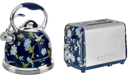 Laura Ashley Ensembles Bouilloire et Grille-Pain par VQ – Bouilloire Sifflante en Inox 2,5 L pour Feux Tous Types & Grille-Pain 2 Tranches avec Fonctions Décongélation et Réchauffage – Elveden Bleu