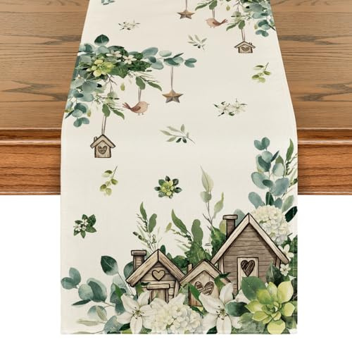 Artoid Mode Holzhaus Vögelchen Blumen Frühling Tischläufer, Saisonnal Küche Tisch Dekoration Drinnen Urlaub Party Dekor 40x140 cm