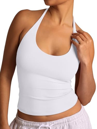 REORIA Women's Tie Halter Tank Tops Basic Scoop Neck Backless Double Lined Going Out Outfits Cute Summer Trendy Sleeveless Shirts White
