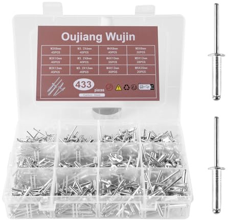 Oujiang Wujin 433 piezas de remaches ciegos con caja de almacenamiento, juego de remaches de extremo abierto, remache hueco, adecuado para coche, construcción, industria, reparaciones diarias y