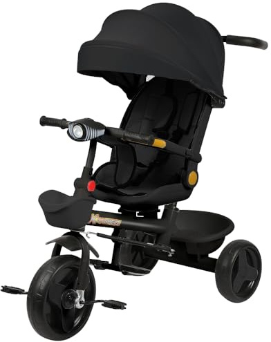 Belfoyer 4-in-1 Kinderdreirad mit Schubstange, Dreirad ab 1 Jahr höhenverstellbar, Dreirad ab 2-3 Jahre mit Sitz, Fußstütze & Korb, Faltbares Kinder Trike, Mehrfarbig（Schwarz）
