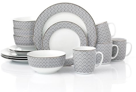 Waterside 16pc Black Diamond with Silver Rim Porcelain Dinnerware Set, 4 Dinner Plates, Side Plates, Deep Bowls and Mugs