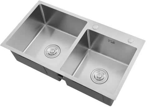 Fregadero de cocina de acero inoxidable, fregadero doble, fregadero empotrado, 78x43x21 cm, 2 cubetas, con drenaje en forma de X, instalación inferior/superior, con silenciador, incluye cesto de