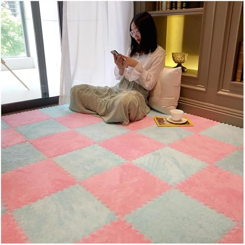 7UIYgtyO LNNNW Plush Piezas Alfombra Puzzle Losetas de Alfombra entrelazadas cuadradas, 30x30x1cm, Alfombra de Espuma de Felpa, esteras de Rompecabezas esponjosas(Blue+Pink,16pcs)