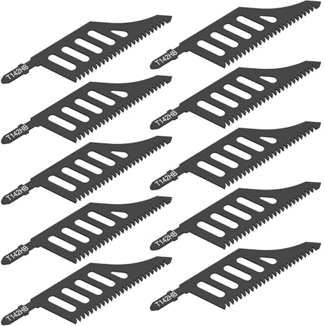 10Pcs Flush Cutting Jigsaw Blade, Carbon Steel Jigsaw Blade, T Shank High Strength Coarse Tooth Jig Saw Blade Cutter with Storage Case for Wood Fiberboard 4.4x1.2Inch