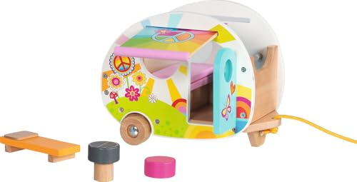 goki 51431 - Wohnwagen Camperfreude – farbenfroher goki66 Wohnanhänger aus Holz für Minipuppen/Biegepuppen, inklusive Liege, Tisch, Sitz und Markise