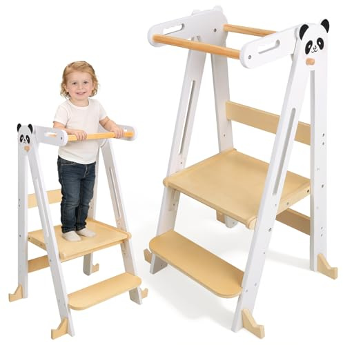 SPYLAVE Lernturm Klappbar ab 1 Jahr, Montessori Lernturm aus Holz für Kinder, Höhenverstellbarer Learning Tower mit Sicherheitshandlauf, 360° Kippschutz, Stabiler Küchenhelfer für 1–6 Jahre (Weiß)