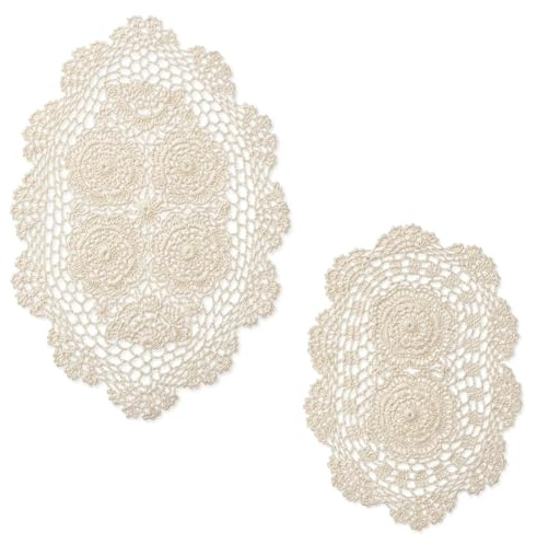2Pcs Handmade Crochet Lace Doilies for Tables, Beige Oval Lace Table Runner Doilies, Vintage Knitted Coasters Placemats, Floral Cotton Table Scarf Furniture Cloth Cover for Kitchen Dining Room